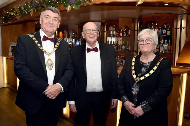 Mid and East Antrim Council representatives who attended the Business Excellence Awards Night including from left, Mayor, Alderman Noel Wiliams, Alderman Tony Nicholl, MBE, and Deputy Mayor, Councillor Beth Adger, MBE. LT48-213.