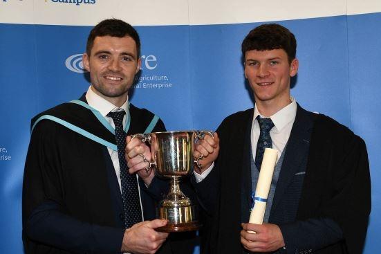 The National Beef Association Cup for performance in beef production on the Level 3 Advanced Technical Extended Diploma in Agriculture was awarded to Joshua McFarland (Trillick). Congratulating Joshua is Phelim Savage (Agriculture Lecturer, CAFRE).