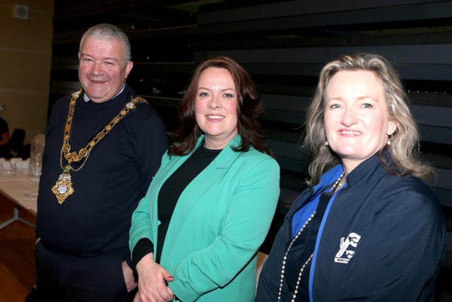 The Mayor of Causeway Coast and Glens Borough Council, Councillor Ivor Wallace, Economic Development Officer Joanne McLaughlin and Carol Fitzsimons, CEO of Enterprise NI pictured at the Digital School final.