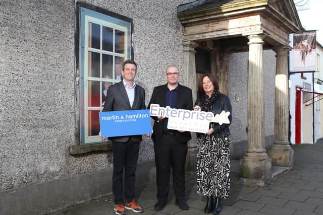 Enterprise Causeway has appointed Martin and Hamilton Construction to deliver the renovation and redevelopment works for The Courthouse Shared Space Creative Hub in Bushmills. Pictured are (l-r): David Hamilton, Managing Director, Martin and Hamilton Construction; Dr Andrew Molloy, Project Architect, Hamilton Architects; and Jayne Taggart, CEO Enterprise Causeway