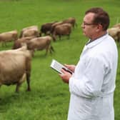 Veterinarian in a lab coat filling documents of his inspection of a farm on a digital tablet. Credit: Getty images