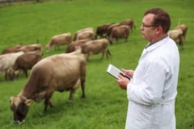 Veterinarian in a lab coat filling documents of his inspection of a farm on a digital tablet. Credit: Getty images