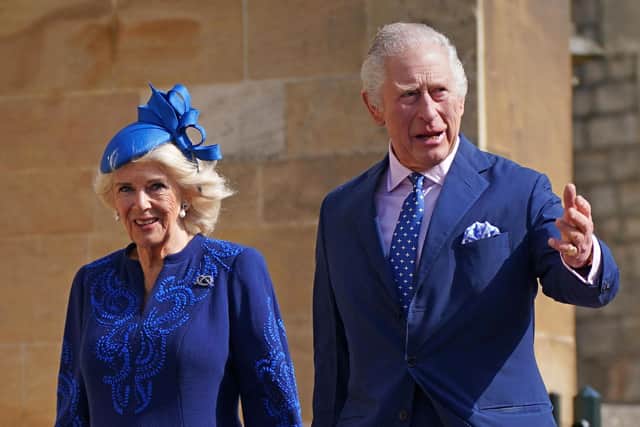 King Charles III and Camilla, Queen Consort arrive for the Easter Mattins Service at St. George's Chapel, Windsor Castle on April 9, 2023. (Photo by Yui Mok / POOL / AFP) (Photo by YUI MOK/POOL/AFP via Getty Images)