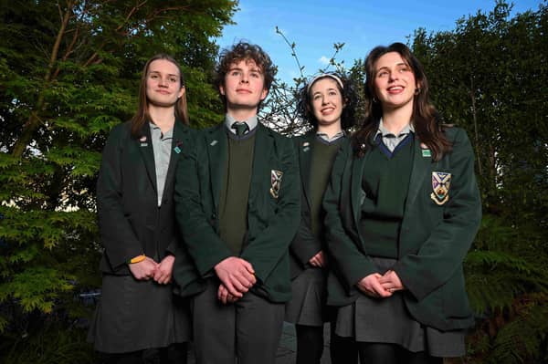 Cross and Passion 2026 debate finalists Eimear McAuley, Tiernan McAuley, Lydia Doherty and Katie Ann McGinty. Picture: Karen Morgan/Concern Worldwide