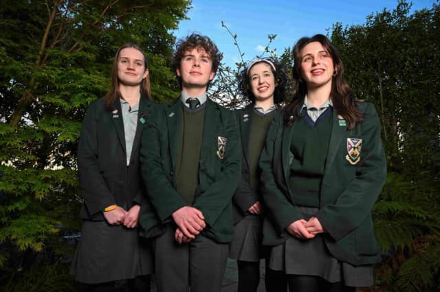 Cross and Passion 2026 debate finalists Eimear McAuley, Tiernan McAuley, Lydia Doherty and Katie Ann McGinty. Picture: Karen Morgan/Concern Worldwide