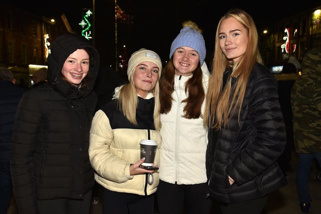 At the Christmas lights switch on are from left, Rachel McClelland, Leanne Sherman, Lucy O'Neill and Kamile Bumblyte. PT47-214.