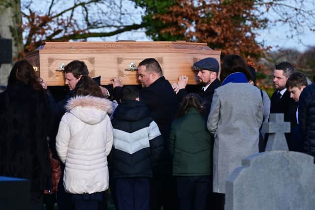 Family and Friends of Patrick Rogers during his funeral at St Joseph and St Malachy’s Drummullan on Friday. Pic Colm Lenaghan/ Pacemaker