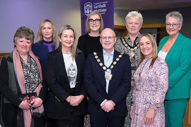 Chair of Mid Ulster District Council, Councillor Dominic Molloy is pictured with Deputy Chair, Councillor Meta Graham, Councillor Frances Burton, Councillor Deirdre Varsani, Tara Grimes, Nichola Simpson, Vivian McKinnon and Carol Doey at the second International Women’s Day event at the Ryandale Inn, Moy.