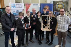 The Cullybackey College team who finished first place in Ballymena Rotary Club’s annual technology challenge, hosted by Northern Regional College.