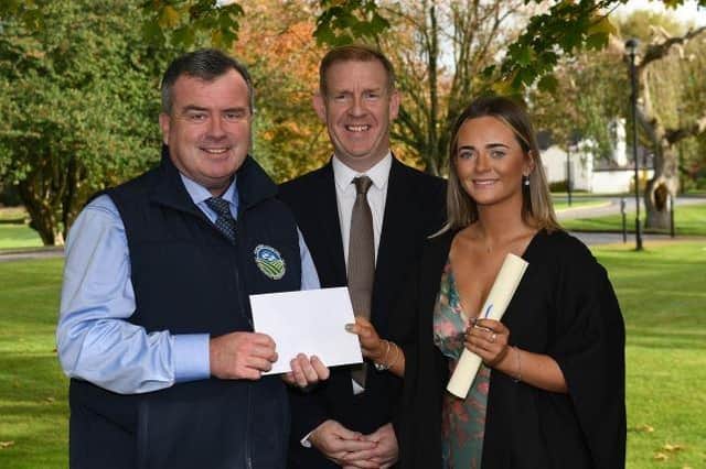 Charlotte Moore (Ballyclare) was presented with the new Northern Counties Co-Operative Award for performance in Business Management on the Level 3 Advanced Technical Extended Diploma in Agriculture. Charlotte received her award from Paul Coyle (Northern Counties Co-Operative) and Joe Mulholland (Senior Lecturer, CAFRE).