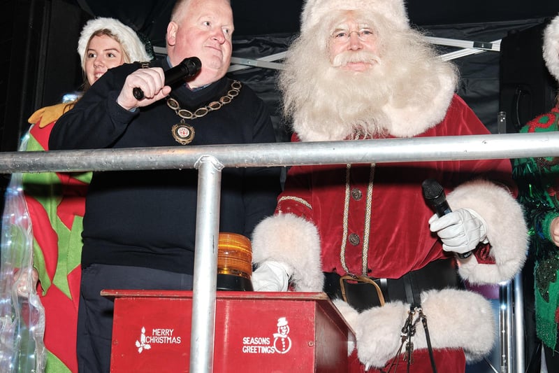 Deputy Chair of Mid Ulster Council Cllr Wesley Brown pictured with Santa switching on the Christmas lights in Maghera.