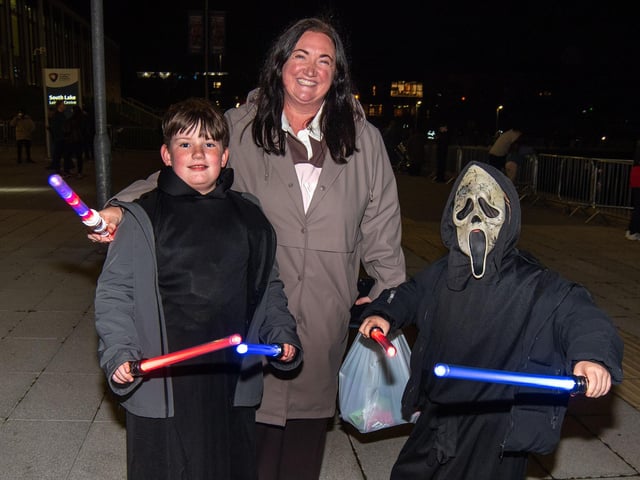Looking the part at the fireworks display are from left, Joseph Mackey (8), Julie McCrory and Padraig Lavery (9).