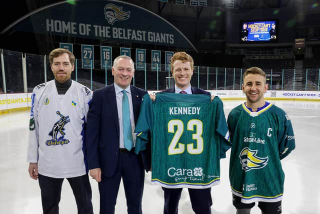 Myktya Vasilyev, defenceman of Dnipro Kherson, Martin McDowell, chairman of the Odyssey Trust, Joe Kennedy III, Special Envoy to Northern Ireland for Economic Affairs, and David Goodwin, captain, Belfast Giants