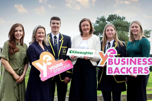 Pictured at one of the most recent Young Enterprise sessions with Larne High School are (left to right): Jeannine Barr, Kilwaughter; Carol Fitzsimons MBE, YENI chief executive; Larne High School head boy Daniel Nicholson; Caroline Rowley, Kilwaughter; Larne High School head girl Ruby Starrett, and Jenny Ervine, Kilwaughter.