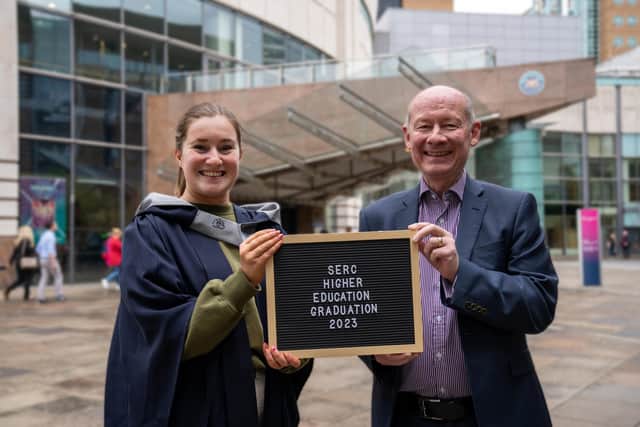 Zara Shaw, set to graduate with a BSc Business Management from Liverpool John Moores University delivered at SERC and who is an Export Controller with Mediterranean Shipping Company, and Kevin Shakespeare, IOE&IT.  Pic credit: SERC