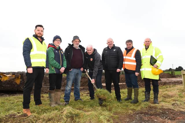 PRESIDENT of Armagh GAA, Jimmy Smyth proudly marks a significant milestone as the first sod is turned for the groundbreaking £10m county training facility at St Malachy’s Portadown. The development of the 26-acre site on the outskirts of Portadown is now officially underway. Pictured L-R: Paul McCreanor, mccreanor architects, Eamon Douglas (St. Malachy's GAA), Peter Murphy (Project board Chairperson), President Jimmy Smyth, Paul McArdle (Armagh Chairperson), Clive Richardson (contractor) and Gregg Seely (consultant engineer). Photo courtesy of Armagh GAA