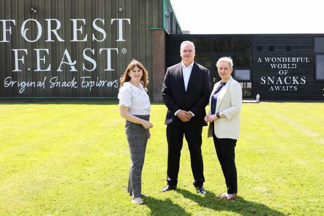 Economy Minister Dr Caoimhe Archibald is pictured with Michael Hall, Kestrel Foods founder and Managing Director, and Grainné Moody, Director of Food and Drink, Invest NI. Picture: Darren Kidd / Press Eye