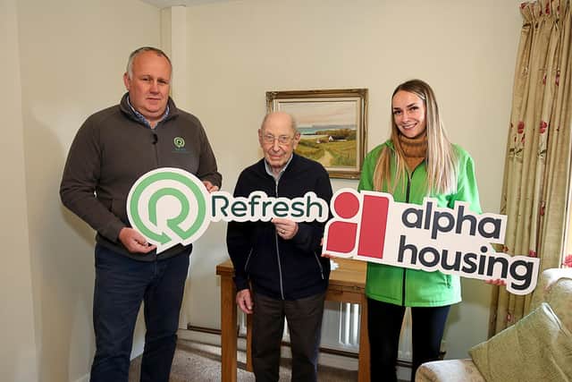 Pictured from left to right: Bill Cherry, Managing Director, Refresh NI, Bill McClinton (99), Tenant, Johnston Court, Alpha Housing, and Zara Burns, Marketing Officer, Refresh NI