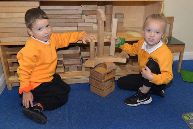 Builders of the future...Markuss and Heidi playing together at Hart Memorial Nursery Unit. PT40-314.