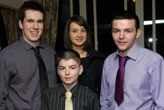 In attendance at the Newbridge GFC annual presentation dinner held in the Elk in February 2010 were  Sean Patrick, Michaela Donaghy, Ryan Shivers and Fergal Shivers.
