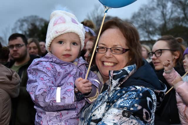 Enjoying the festive fun at the Christmas lights switch on at the Legahory Centre, CraigavonChristmas lights switch on at the Legahory Centre, Craigavon are Fiadh O'Dowd (3) and her gran, Marie O'Dowd. PT49-210.