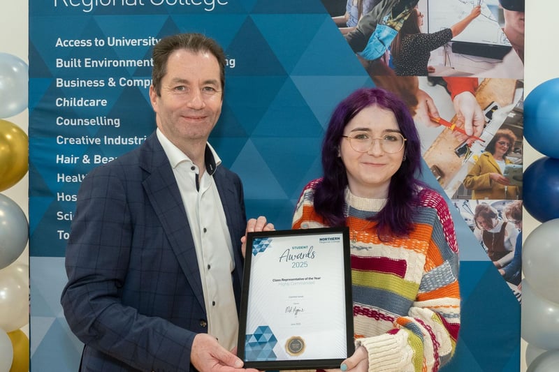 Caoimhe Sands, awarded Highly Commended in the Class Representative of the Year category, pictured with Mel Higgins, Principal & Chief Executive of Northern Regional College, at the student awards.