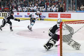 Belfast Giants' Pierre-Olivier Morin with Carleton Ravens' Tye Austin during Friday night's pre-season exhibition game at the SSE Arena, Belfast.   Photo by William Cherry/Presseye