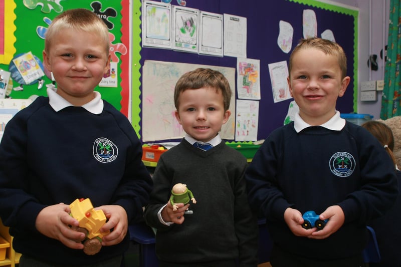 Enjoying their second week at Silverstream Primary School in 2011 were P1 pupils Louis Bradley, Jay Weir and Joel Mooney. INCT 37-007-tc