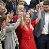 Jeannie Archibald-Brown celebrates being elected for Antrim and Newtownabbey Borough Council at the Valley Leisure Centre count in Newtownabbey today. (Stephen Davison/Pacemaker).