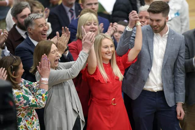 Jeannie Archibald-Brown celebrates being elected for Antrim and Newtownabbey Borough Council at the Valley Leisure Centre count in Newtownabbey today. (Stephen Davison/Pacemaker).