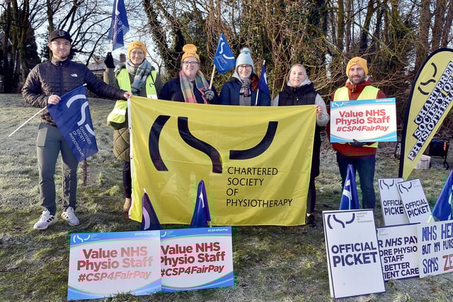 Physiotherapists on picket line duty on Thursday morning at Craigavon Area Hospital. PT03-238.