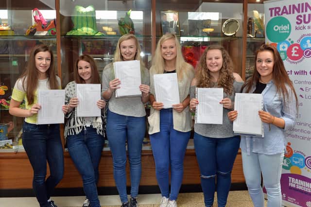 Pictured on GCSE results day 2015 at Larne High School were Louise Jamison, Sophie Craig, Karen Norris, Ashleigh Morrow, Katie McMullan and Rachael Forsythe. INLT 34-009-PSB Photo: Phillip Byrne