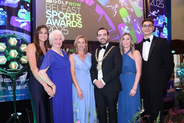 Rebecca Shorten (left) and Jack McMillan (right) won the Sports Personality of the Year award at the GolfNow Belfast Sports Awards. They are joined by Lord Mayor Councillor Micky Murray, Lady Mary Peters, Claire McCollum (event host) and Fiona Hampton, GolfNow. Picture: Belfast City Council.