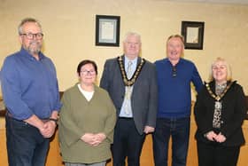 Mayor, Councillor Steven Callaghan and Deputy Mayor, Cllr Margaret-Anne McKillop with outgoing committee members of the Friends of Ballycastle Museum, Martin Magee, Brigene McNeilly and Brian Molloy. Credit Causeway Coast and Glens Council