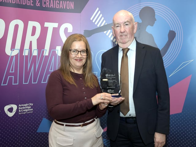 Sports Person with a Disability Sponsored by Interface. Award Winner: Oscar McKinney (Armagh Special Olympics Swimming Club & Markethill High School) with Aidan Murphy, ABC Sports Forum, accepting the award on his behalf. Presented by: Orla Hoy (Interface)