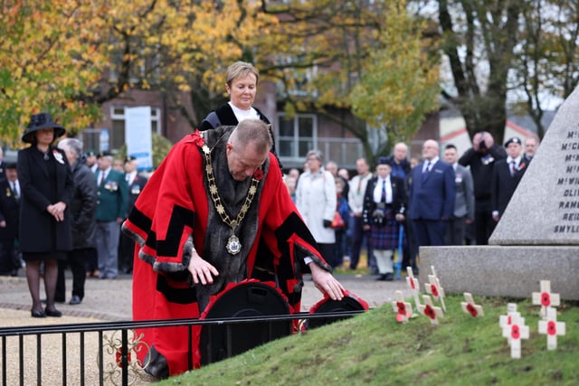 Mayor of Antrim and Newtownabbey, Ald Stephen Ross, lays a wreath on behalf of the local authority.