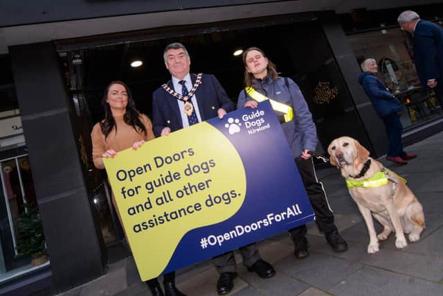 Ashley Adams, personnel manager at Camerons, Ballymena; the Mayor of Mid and East Antrim, Alderman Noel Williams; Torie Tennant and 'Vivvy'.