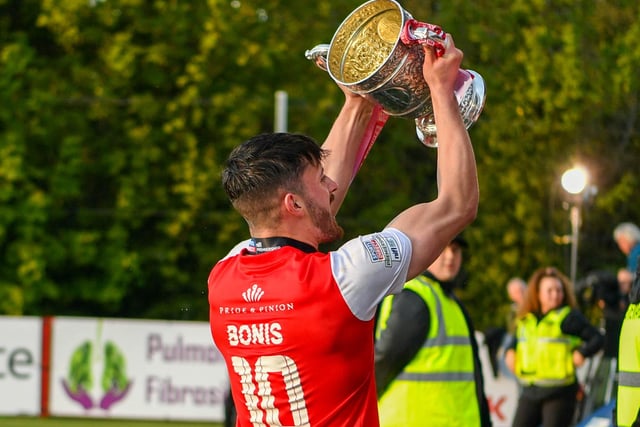Lee Bonis of Larne enjoys the moment after Saturday's victory at Inver Park.
