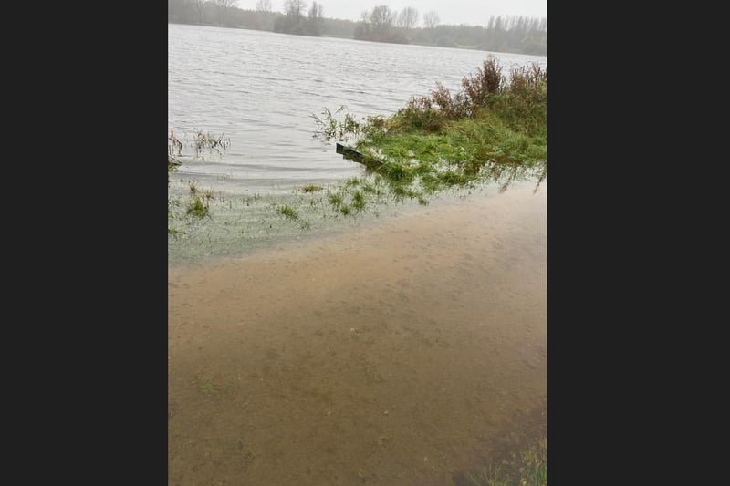 Murky water at Craigavon City Park and Lakes during flooding as Storm Ciaran hits.