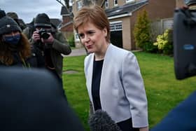 Nicola Sturgeon leaves her home on March 22, 2021 in Glasgow, Scotland (Photo by Jeff J Mitchell/Getty Images)