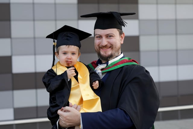 Eoin McSherry graduated with Masters in Biomedical Science from the Ulster University Coleraine at the Graduation Winter Ceremony on Wednesday morning. He is pictured with his son Ben.