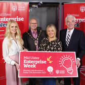 Chair of Mid Ulster District Council, Councillor Dominic Molloy, launches the 2023 Mid Ulster Enterprise Week with three of the week’s guest speakers: Paul Clark, Niamh MacAuley and Annette Kelly. Credit: Mid Ulster Council