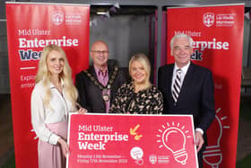 Chair of Mid Ulster District Council, Councillor Dominic Molloy, launches the 2023 Mid Ulster Enterprise Week with three of the week’s guest speakers: Paul Clark, Niamh MacAuley and Annette Kelly. Credit: Mid Ulster Council