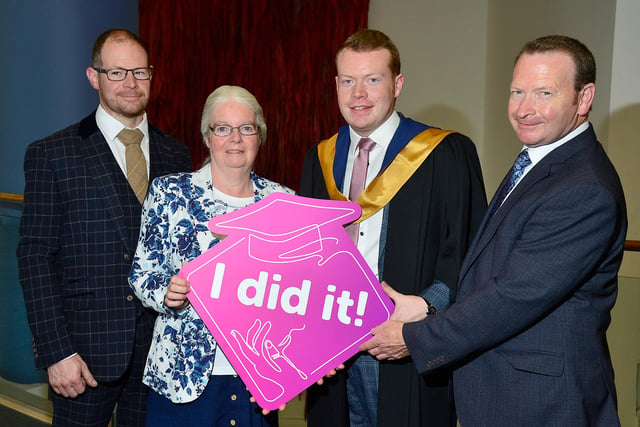David Smyth (Lisburn) Level 5 Diploma in Automotive Management with (L – r) brother Stephen, mum Betty, and dad Nigel.