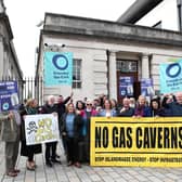 Campaign group No Gas Caverns and Friends of the Earth Northern Ireland pictured at an earlier court hearing. Picture: Press Eye