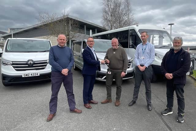 Richard Walker (Service Lead, Transport), Dr David Robinson (Deputy Chief Executive & Director of Nursing, Midwifery & Support Services), ), Darren Steele (Transport Operations Manager), Richard Knight (Senior Manager, Security, Transport, Car Parking & Travel Planning) & Glen Fawkes (Asst. Transport Operations Manager). Pic credit: SEHSCT