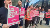 John Devlin 29/07/2022. GLASGOW. BT workers on the picket line in Glasgow. CWU members in Northern Ireland and across the UK, including 999 call handlers, are to take part in further strike action tomorrow