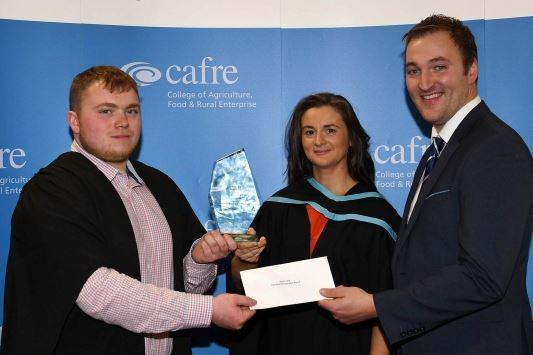 Dylan Conn (Armagh) was presented with the Dale Farm Co-Operative Award for performance in milk production on the Level 3 Advanced Technical Extended Diploma in Agriculture. Congratulating Dylan is Paul Reaney (Farm Liaison Officer, Dale Farm) and Cathy Adams (Agriculture Lecturer, CAFRE).
