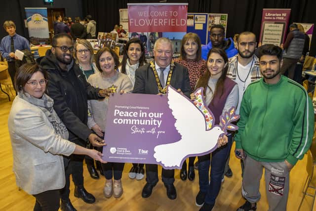 The Mayor of Causeway Coast and Glens Borough Council, Councillor Ivor Wallace, pictured with some of those who participated in the information event, including Agherton Parish Church, Council staff, and peacebuilding organisation Beyond Skin