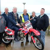 Mayor Stephen Callaghan helps launch the Portrush Beach Race which will be held on the East Strand this weekend. Credit Knock Motorcycling Club